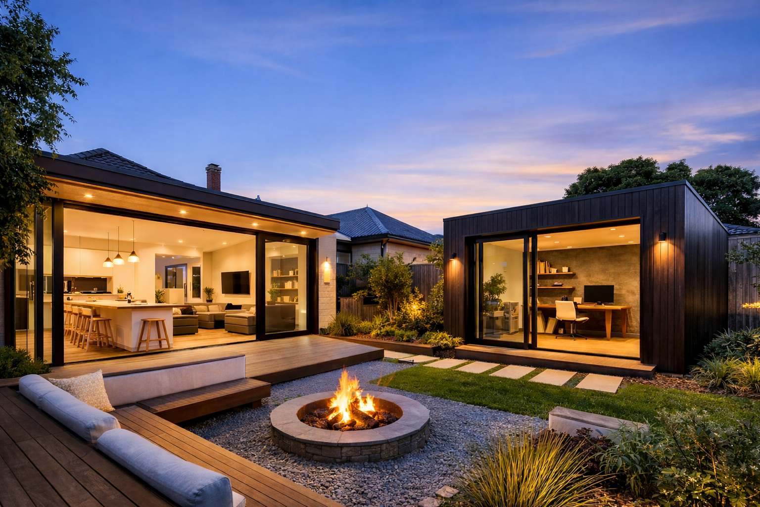 A modern free-standing office designed and built separately from the main house, creating a quiet workspace within the garden. The structure integrates naturally with the outdoor setting while maintaining a clear architectural identity