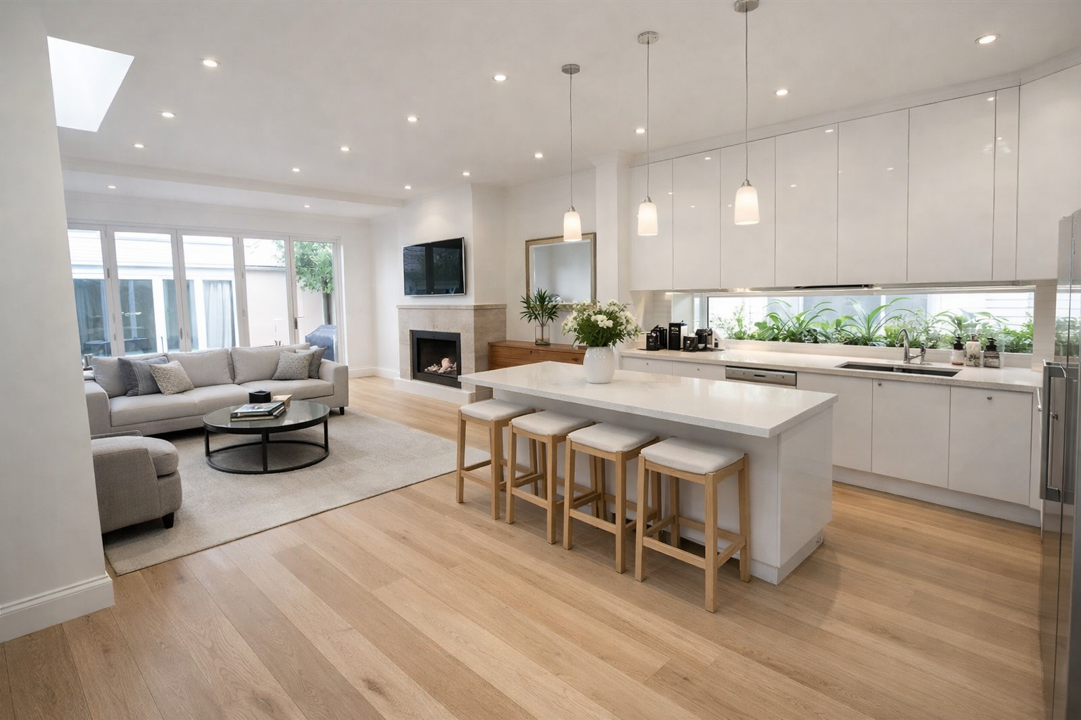 Modern minimalist kitchen renovation in East Melbourne featuring a white island, integrated cabinetry, timber floors and an open-plan living area with a contemporary sofa.