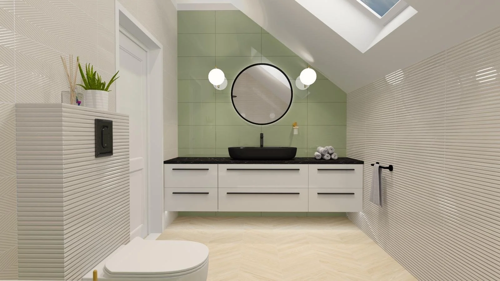 Modern bathroom renovation in a Melbourne home featuring a floating vanity, skylight, textured wall tiles and custom joinery. Designed and built by Box Domus as part of a complete home renovation project in Melbourne’s inner suburbs.