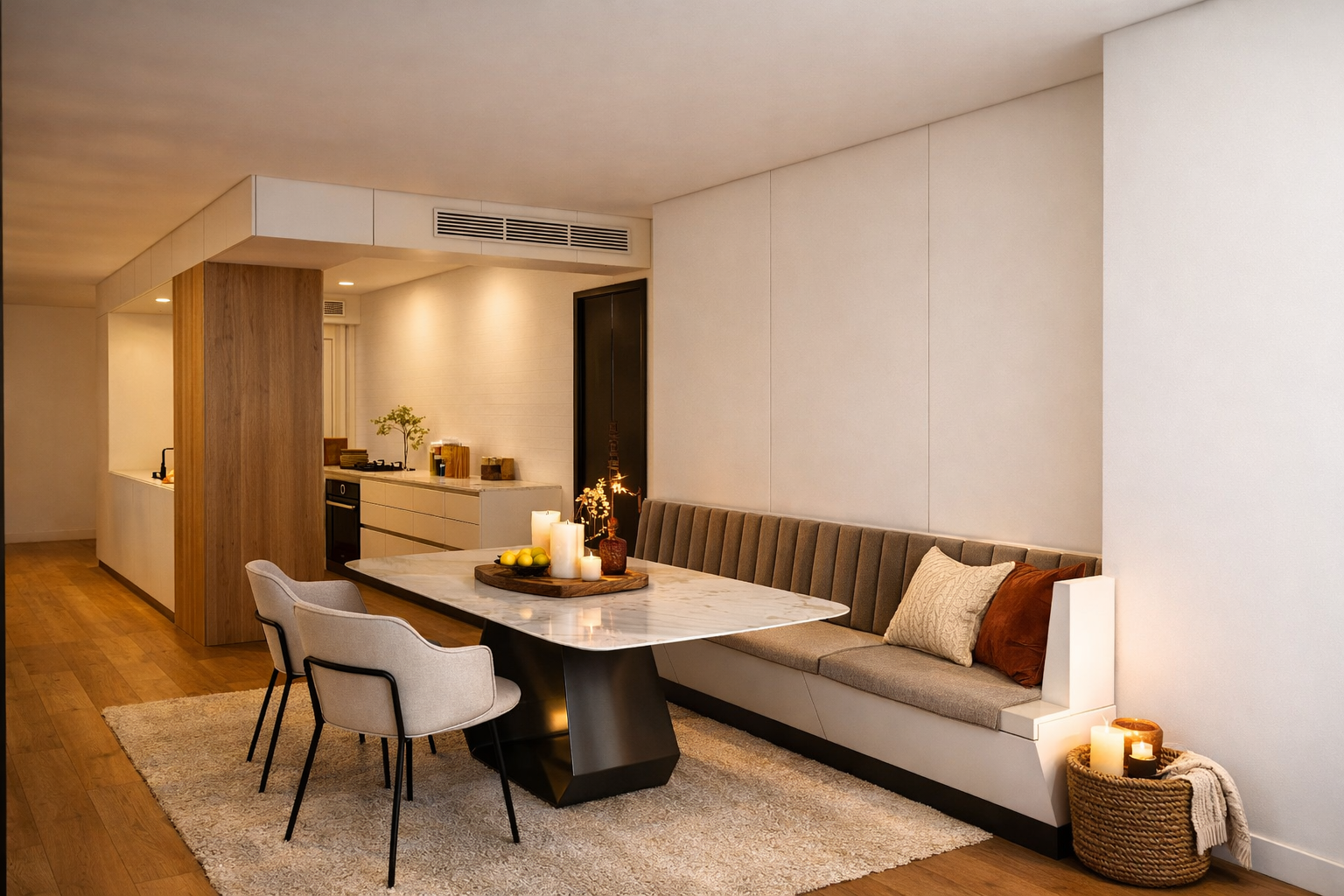 Modern kitchen renovation in Fitzroy North Melbourne featuring minimalist cabinetry, timber joinery and marble dining table.