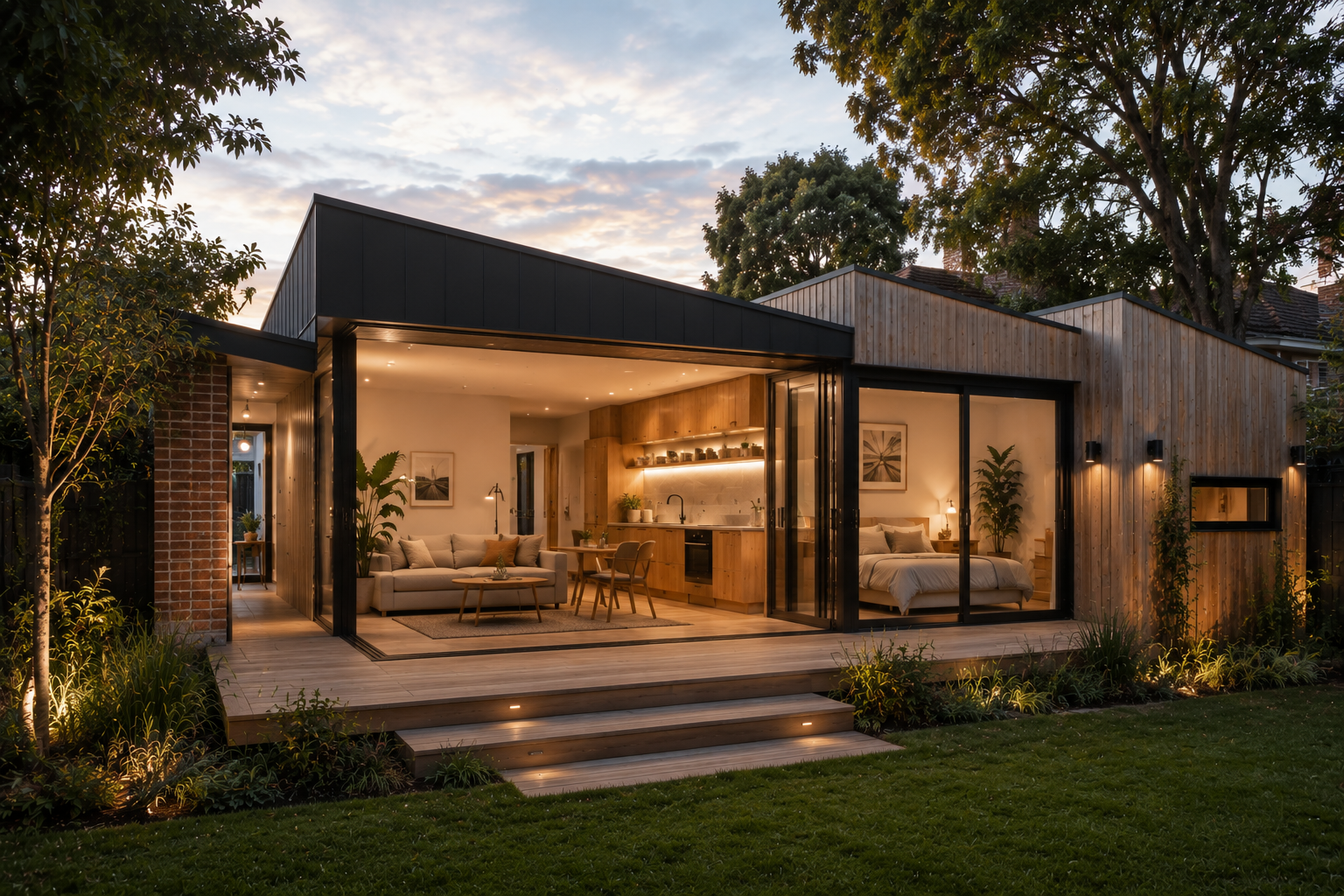 Brunswick East Self-Contained Studio by Box Domus – Premium one-bedroom backyard studio with separate living room, ensuite, guest bathroom and home office designed for visiting family members and multi-generational living in Melbourne.