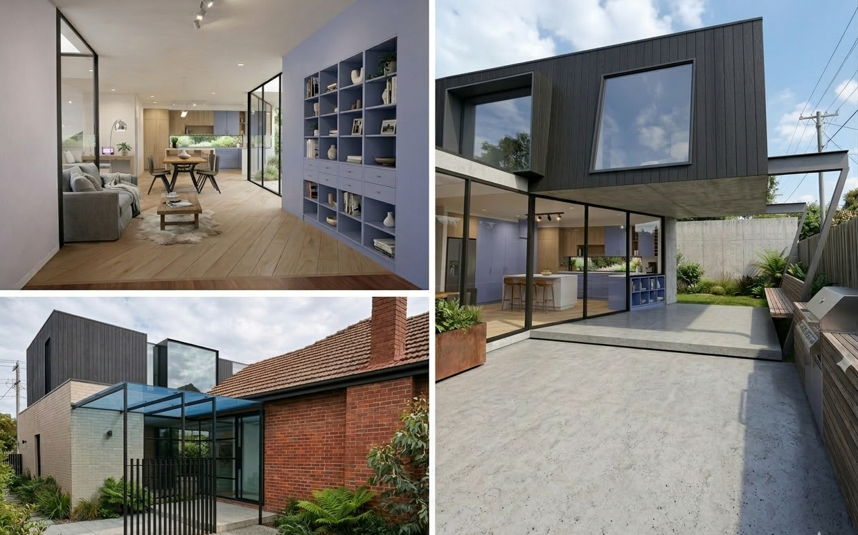 Modern house extension in Richmond Melbourne with open-plan kitchen and living area, part of a full renovation including bathroom upgrade and new second-storey addition with master bedroom, ensuite and study by Box Domus.