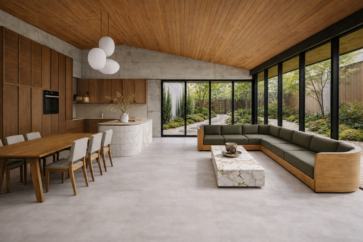 Open-plan kitchen and living area in a Northcote home extension designed and built by Box Domus.