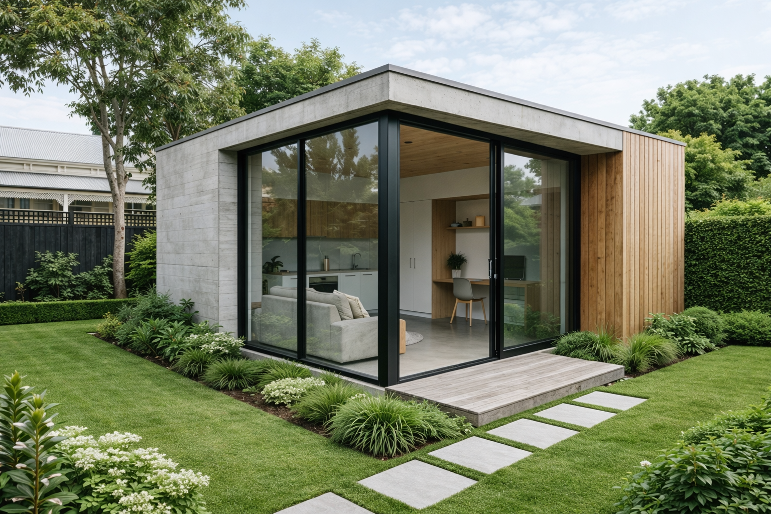 Self-contained studio in Northcote Melbourne designed and built by Box Domus, featuring modern architecture, open-plan living, kitchenette and private bathroom