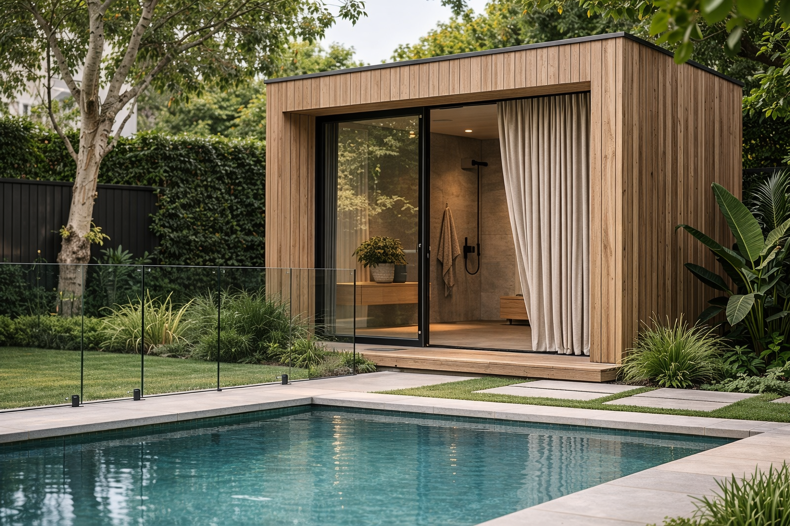 Modern timber-clad pool house with glass doors and privacy curtain beside fenced swimming pool in Balwyn Melbourne backyard designed by Box Domus.