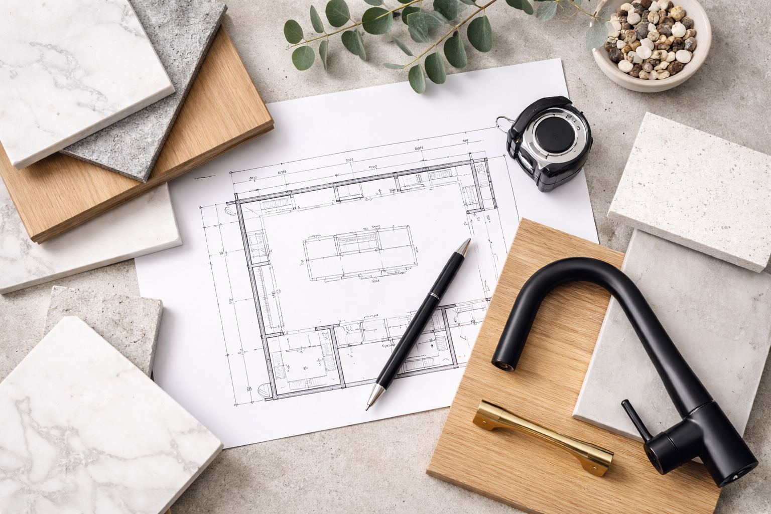 Kitchen renovation planning with material samples, benchtop stone, timber and layout drawings for a custom kitchen renovation in Melbourne.