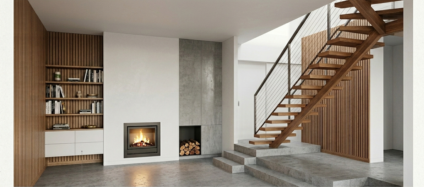 Interior renovation by Box Domus showing an open-tread timber staircase, polished concrete floors, and a minimalist fireplace with custom joinery.