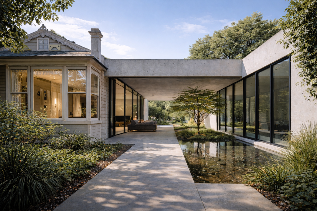 Heritage house side extension in Toorak Melbourne with modern concrete and glass addition designed and built by Box Domus.