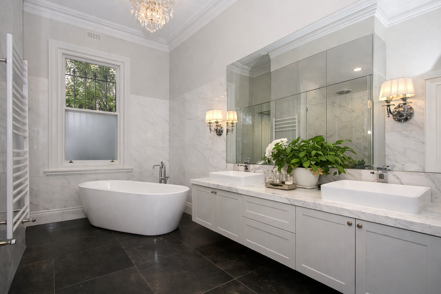 Luxury heritage bathroom renovation in Melbourne by Box Domus, combining modern marble finishes with preserved Victorian architectural details.