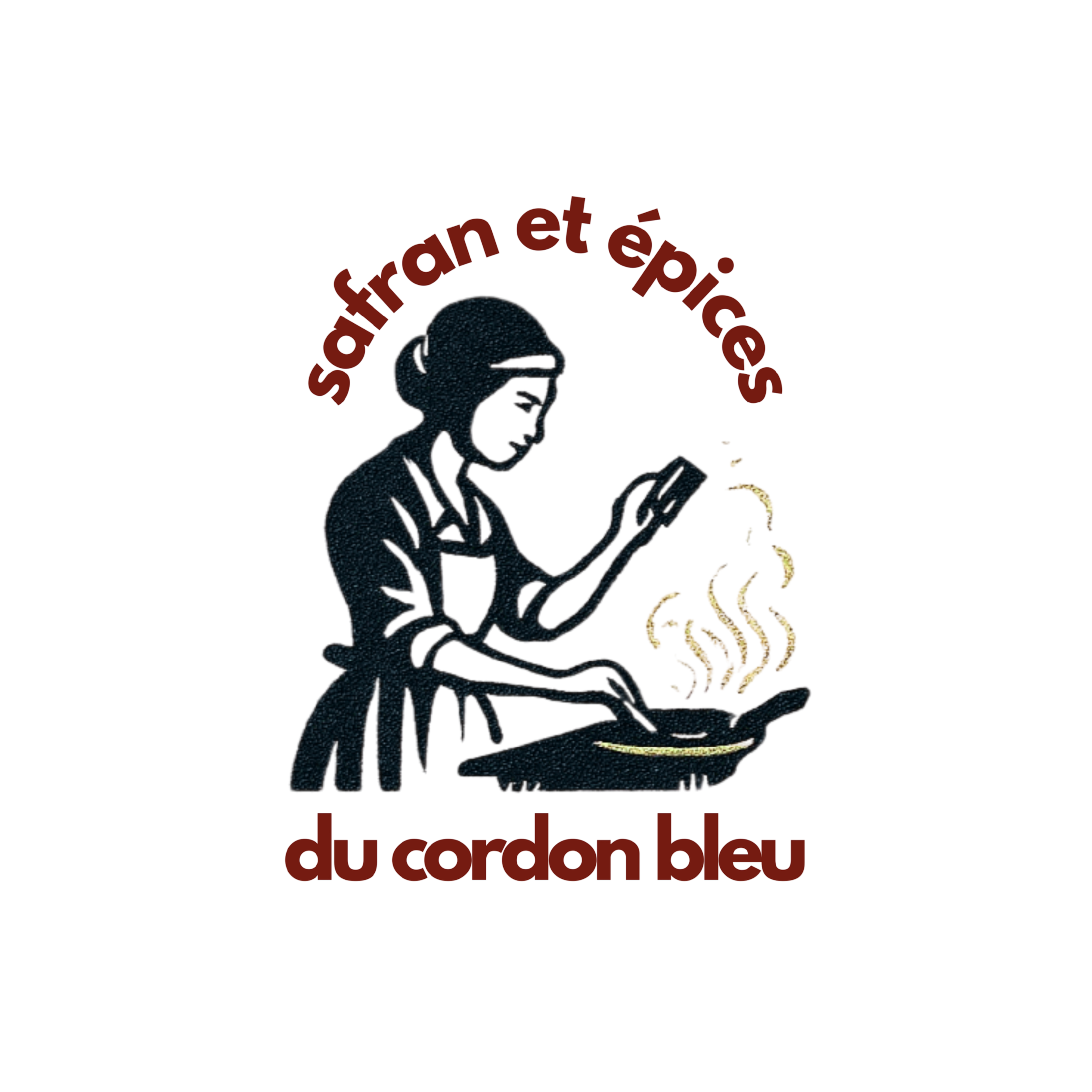 Illustration d'une personne en train de cuisiner avec du safran, entourée de texte en français "safran et épices du cordon bleu".