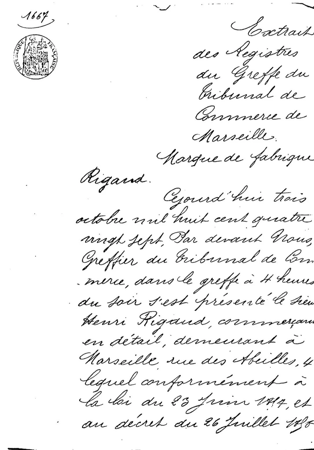 Un document manuscrit ancien datant de 1887, avec un sceau officiel en haut à gauche, écrit en français avec une écriture cursive élégante, mentionnant une procédure légale ou administrative à Marseille.