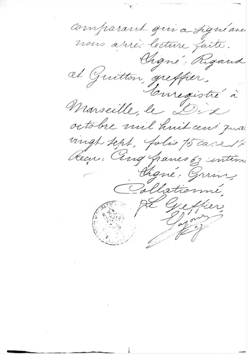 Troisième page manuscrite de l'acte de dépôt, avec tampon