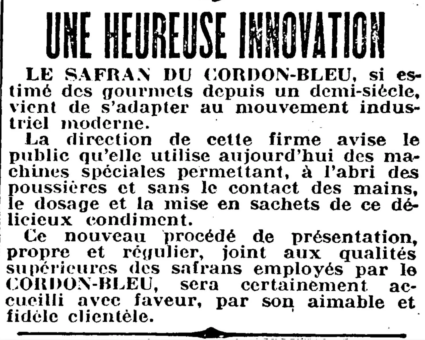 Article de journal annonçant une nouvelle machine de cuisine innovante permettant de doser et distribuer facilement le safran, conçue par la société Safran du Cordon-Bleu.