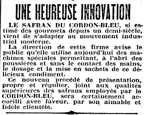 Article de presse ancien intitulé Une heureuse innovation, sur le dosage et la mise en sachets du Safran du Cordon-Bleu