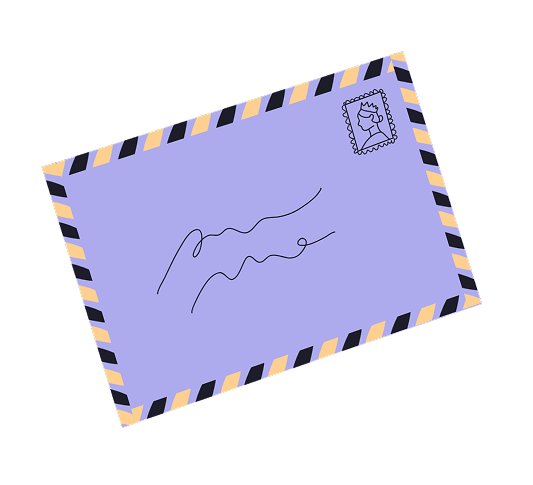 A purple envelope with black and yellow diagonal stripes around the border, a stamp in the upper right corner showing a profile of a woman, and some scribbled writing in the center.