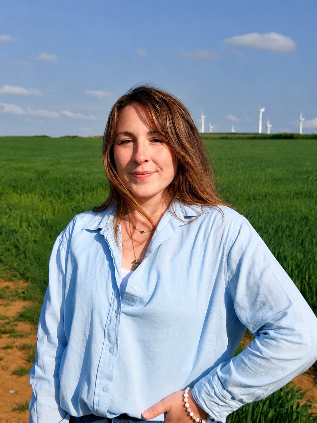 A woman standing in a green field under a blue sky with a few clouds, wind turbines in the background.