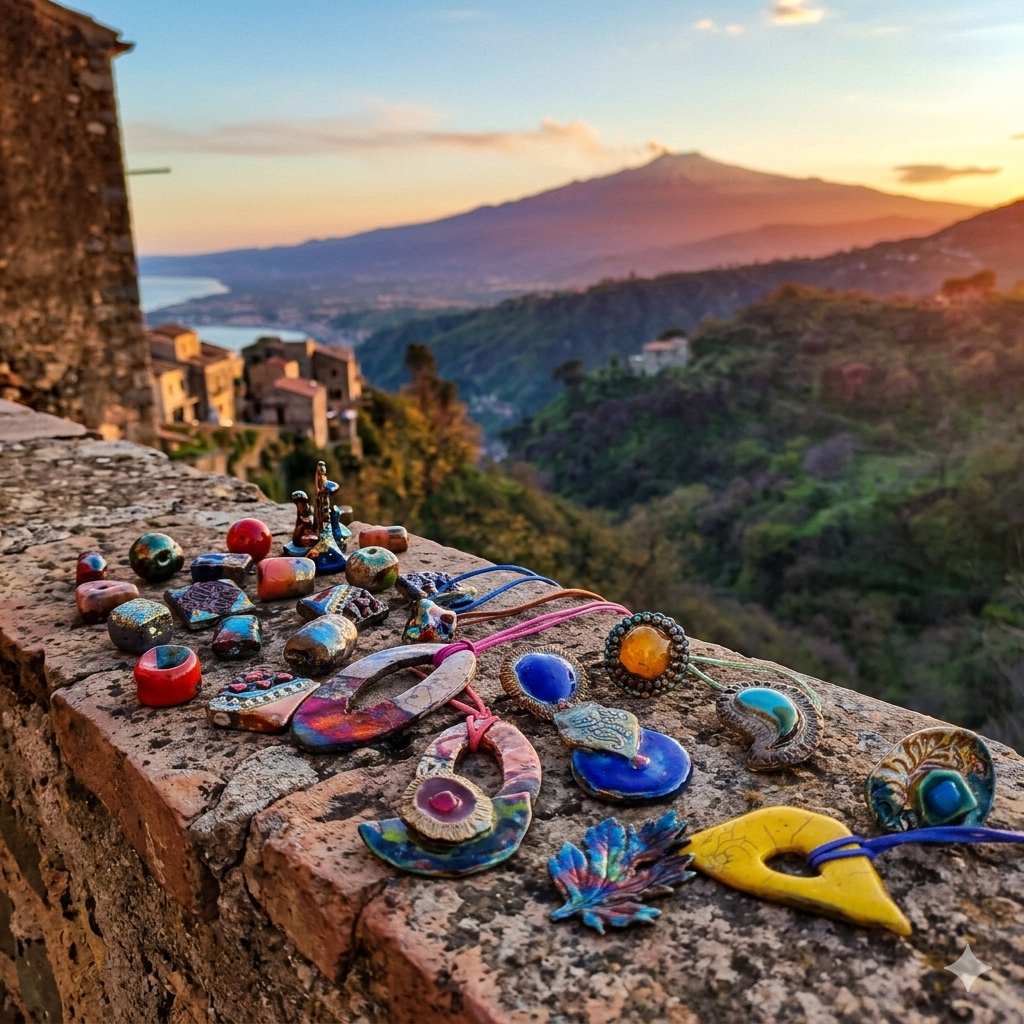 raku ceramic jewellery pieces in savoca sicily with mount etna in the background 