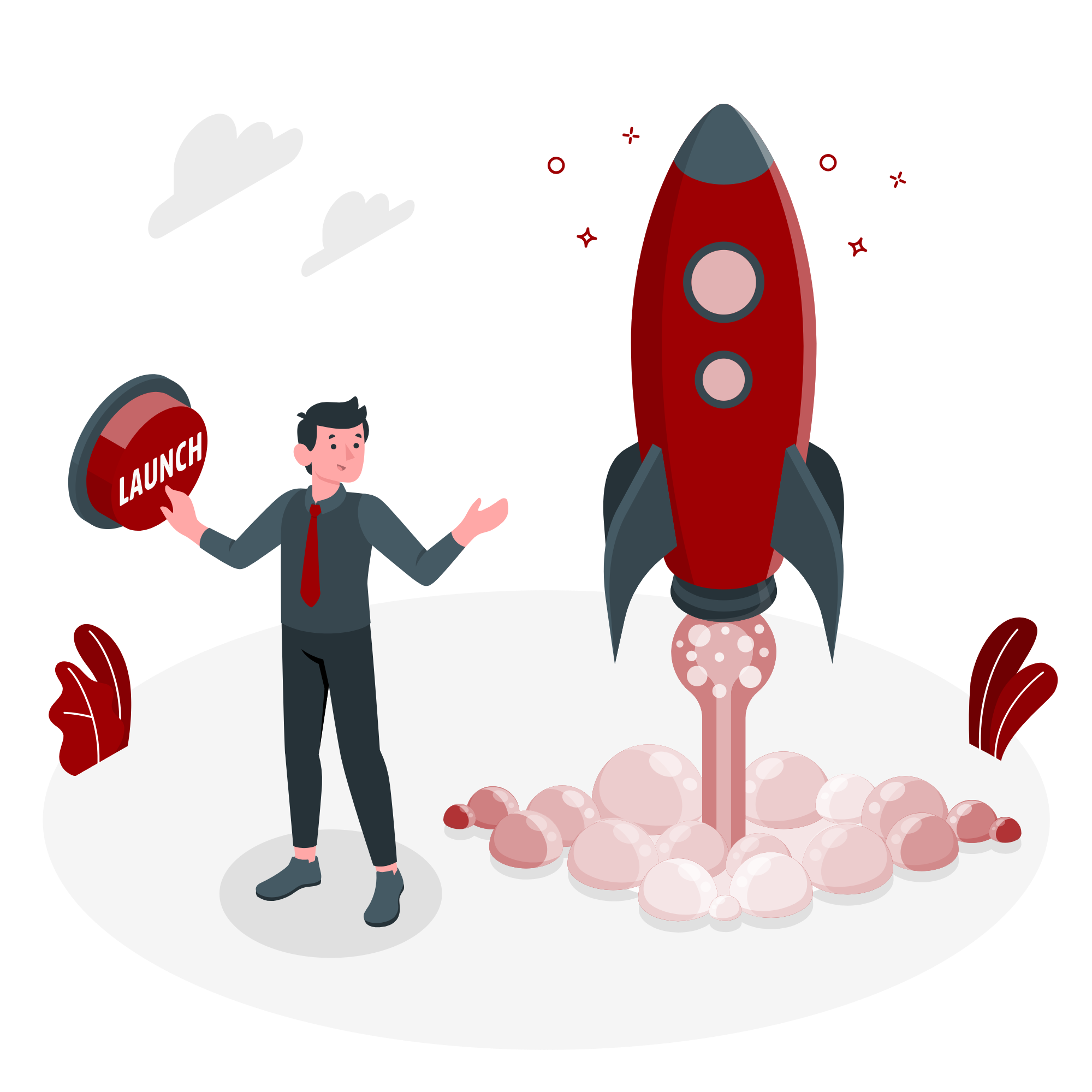Illustration eines Mannes in dunklen Kleidern mit roter Krawatte neben einer Rakete. Auf der Rakete steht der Schriftzug 'LAUNCH'. Im Hintergrund ist eine Explosion mit Staub und Rauch, und es gibt eine Menge rosa und weißen Bälle, die wie Ballons oder Kugeln aussehen.