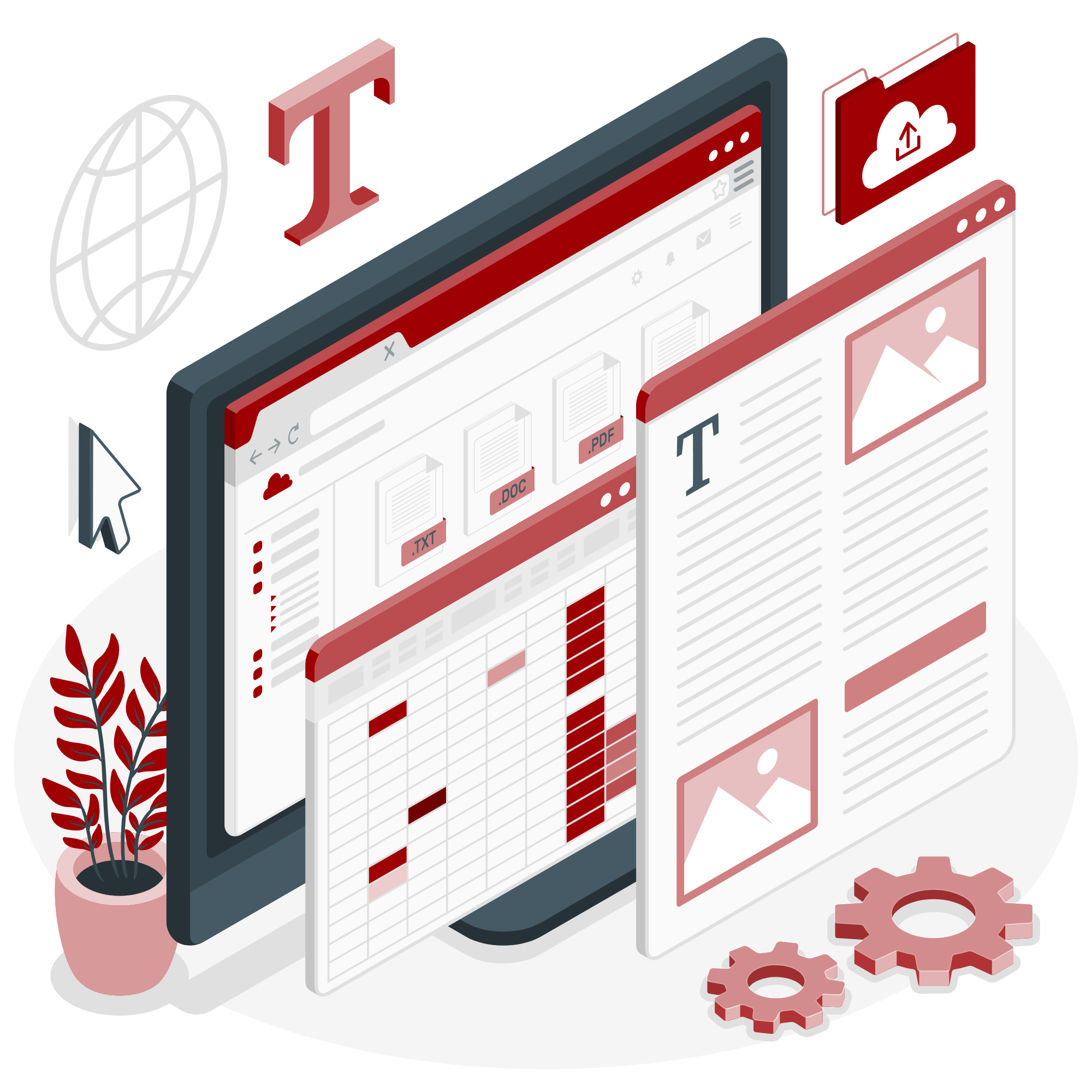 Illustration von Webseiten- und Cloud-Symbolen, verbunden mit Zahnrädern, in einem stilisierten Design mit roten und grauen Farben, inklusive einer Pflanze in einem Topf.