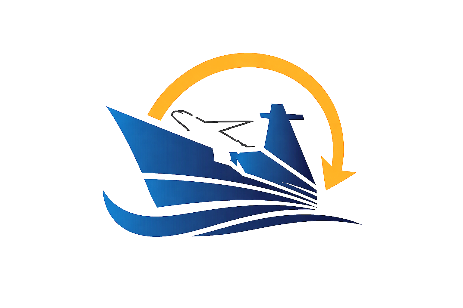A stylized airplane flying over water, encircled by a yellow arrow indicating rotation or recycling, reflecting an aviation or travel theme.