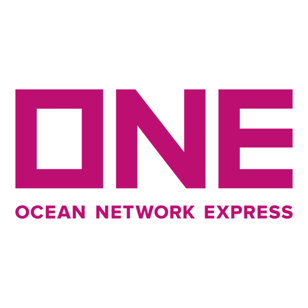 Logo for Ocean Network Express, featuring a stylized magenta square with a cutout in the shape of a smaller square, and the text 'ONE' in bold magenta letters below, with 'Ocean Network Express' written underneath.