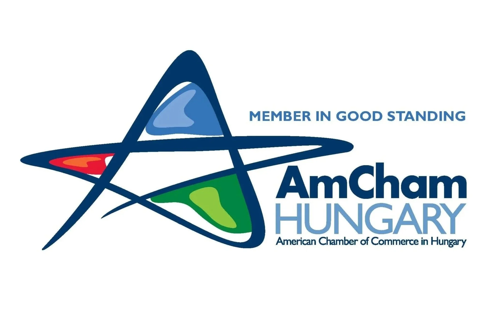 Logo of the American Chamber of Commerce in Hungary featuring a colorful star and the slogan 'Member in Good Standing'.