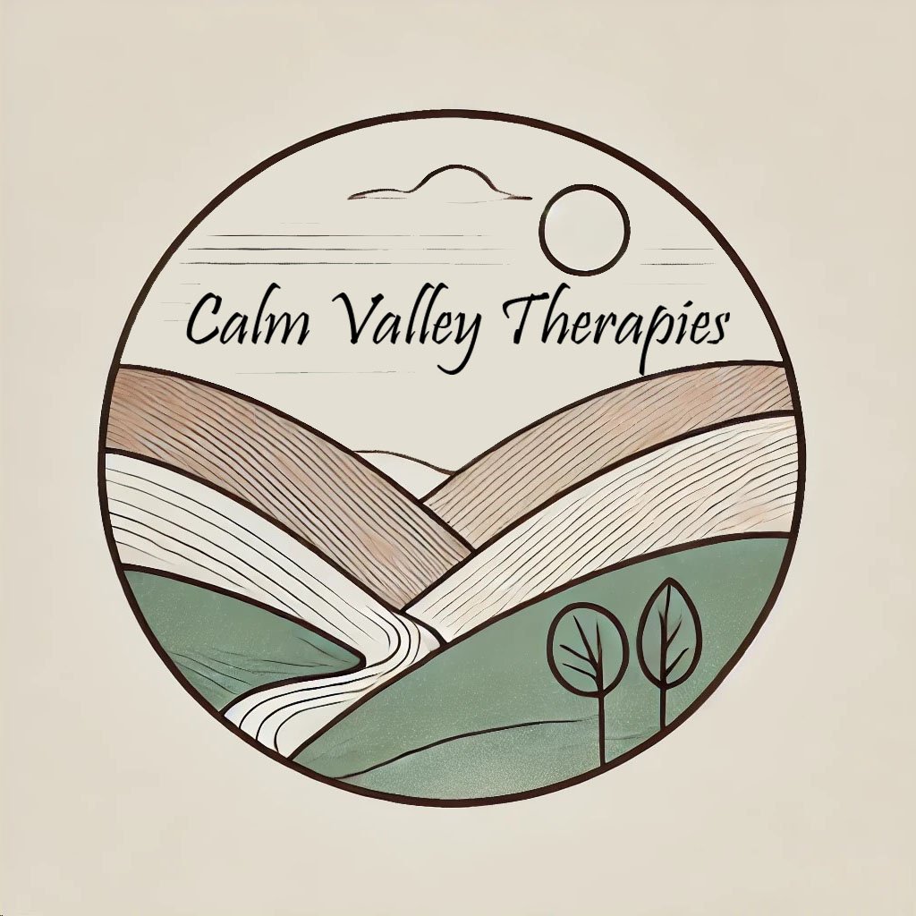 Logo for Calm Valley Therapies featuring stylized mountains, a river, trees, a sun, and a cloud in neutral tones.