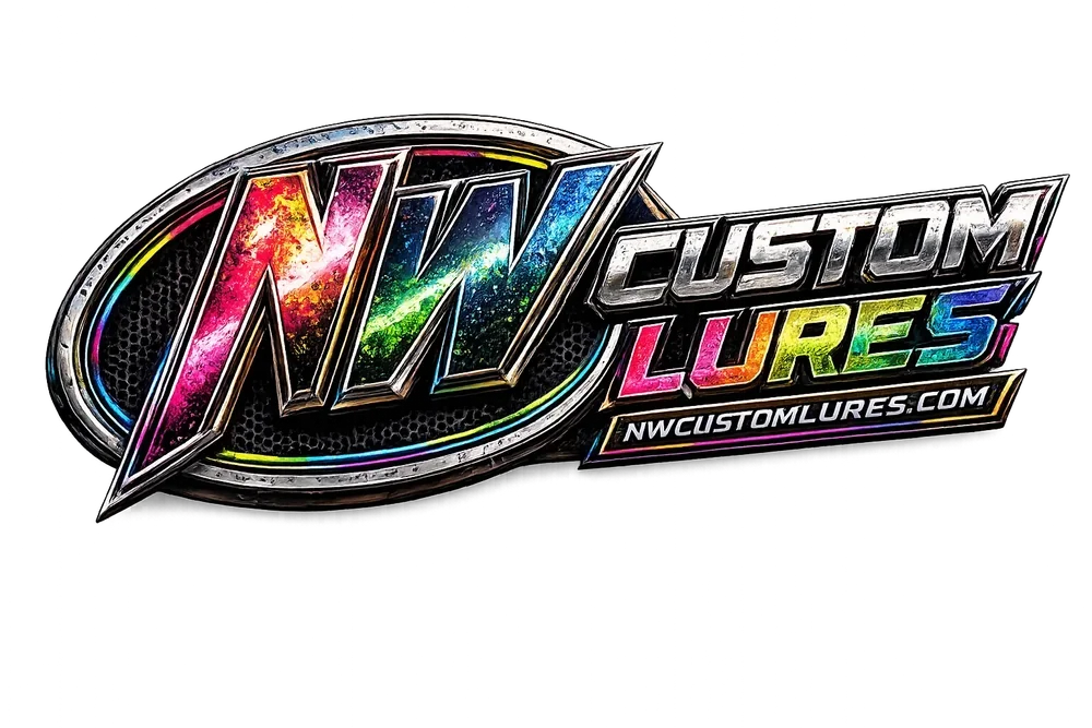 Colorful logo of NW Custom Lures with the website URL nwcustomlures.com
