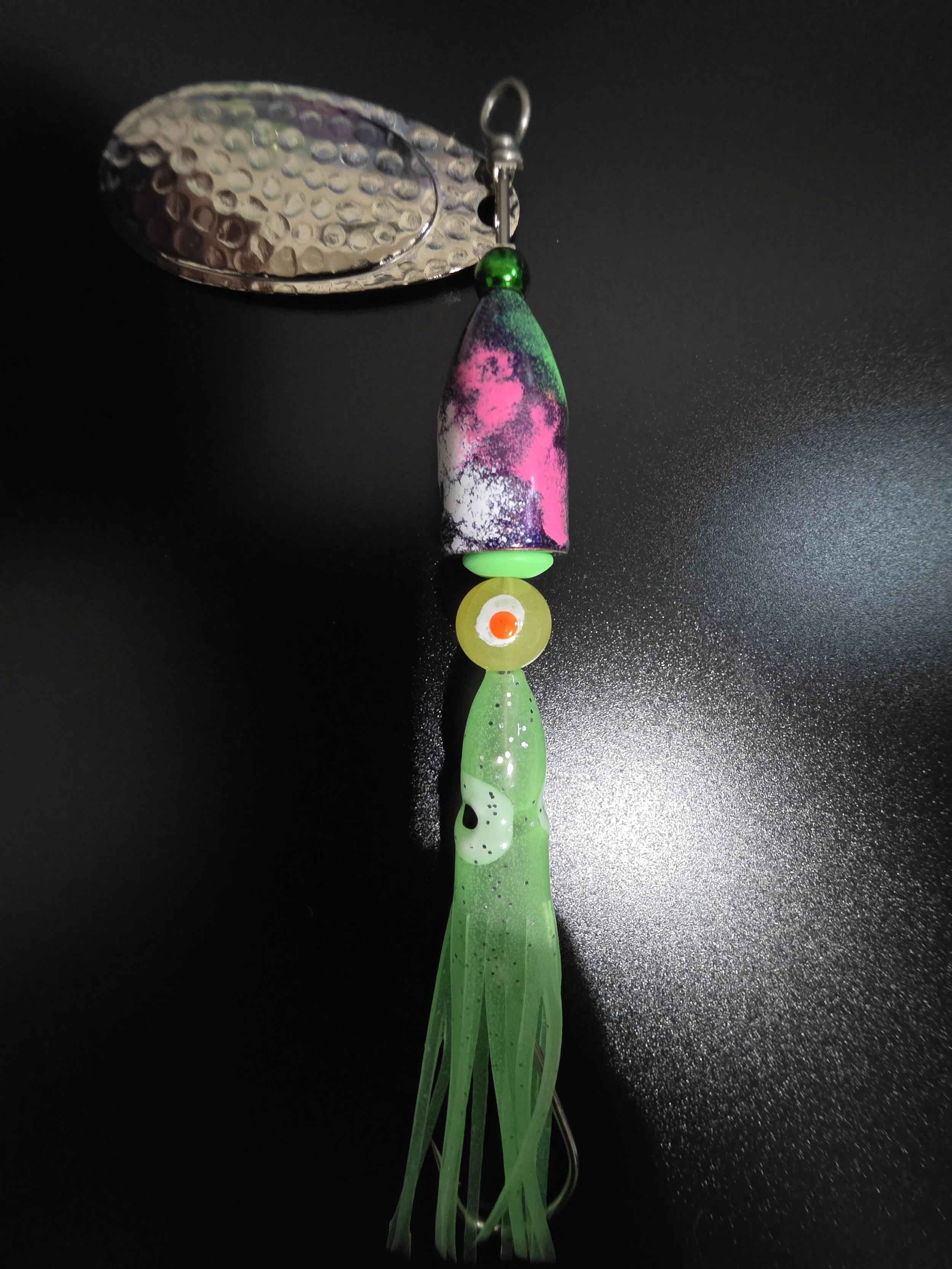 KAMAKAZI Electric Green 3/4 oz custom fishing spinner with chrome blades and double glow beads.