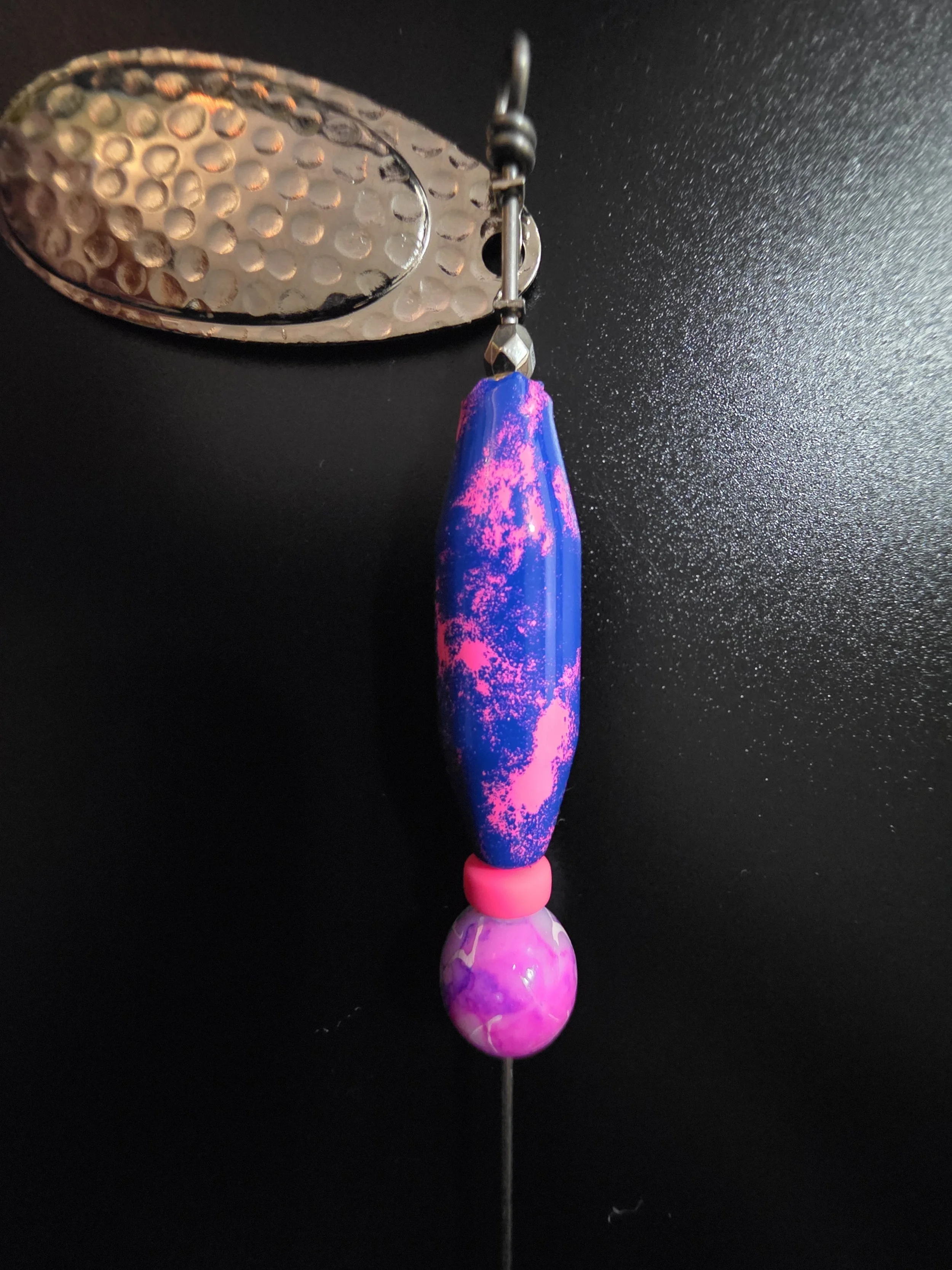 Best 1/2 oz salmon, steelhead, and trout lure: Neon hot pink and bright royal blue Gumdrop custom spinner with #5 French hammered blade and Gamakatsu hook.
