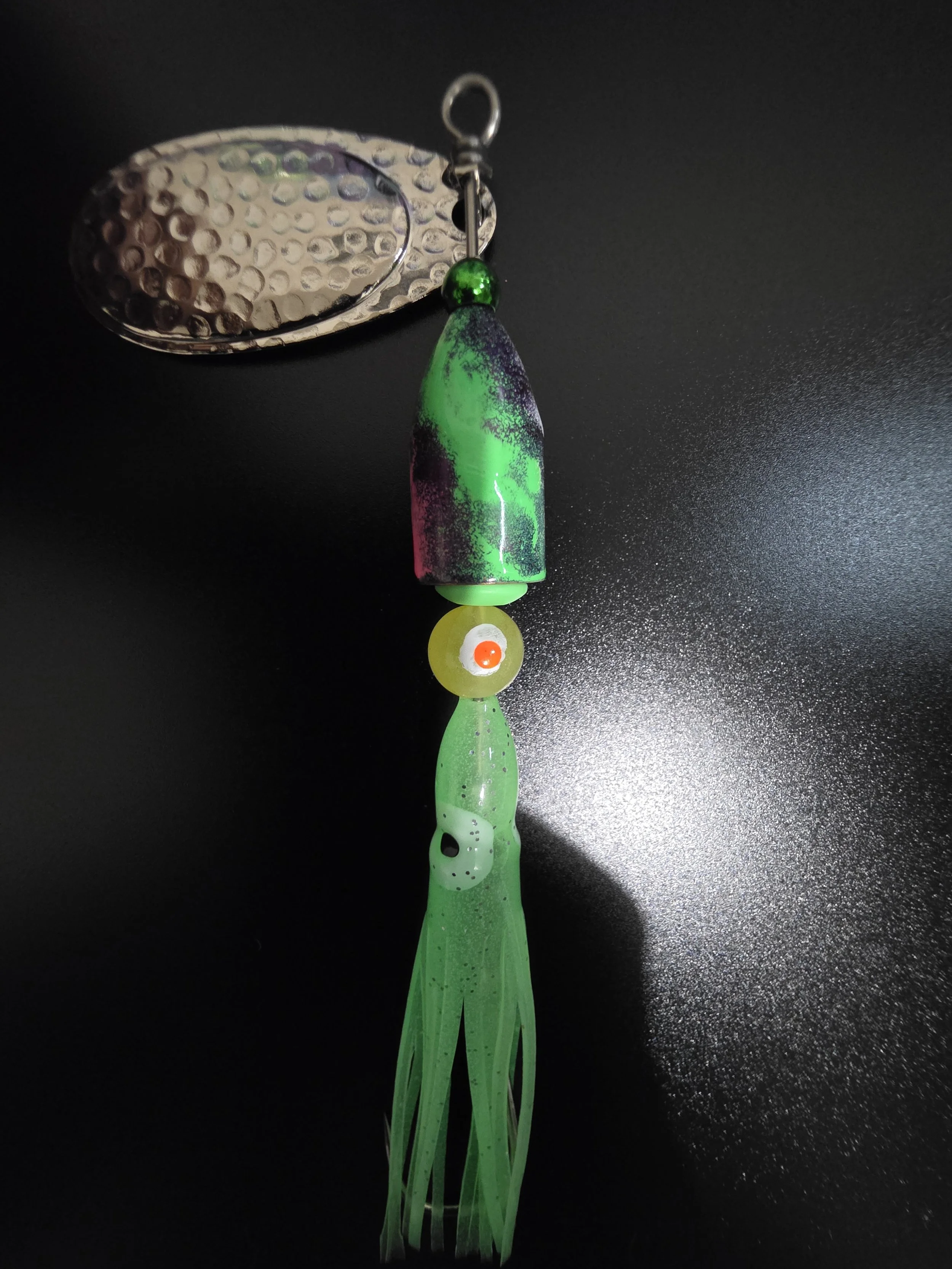 KAMAKAZI Electric Green 3/4 oz custom fishing spinner with chrome blades and double glow beads.