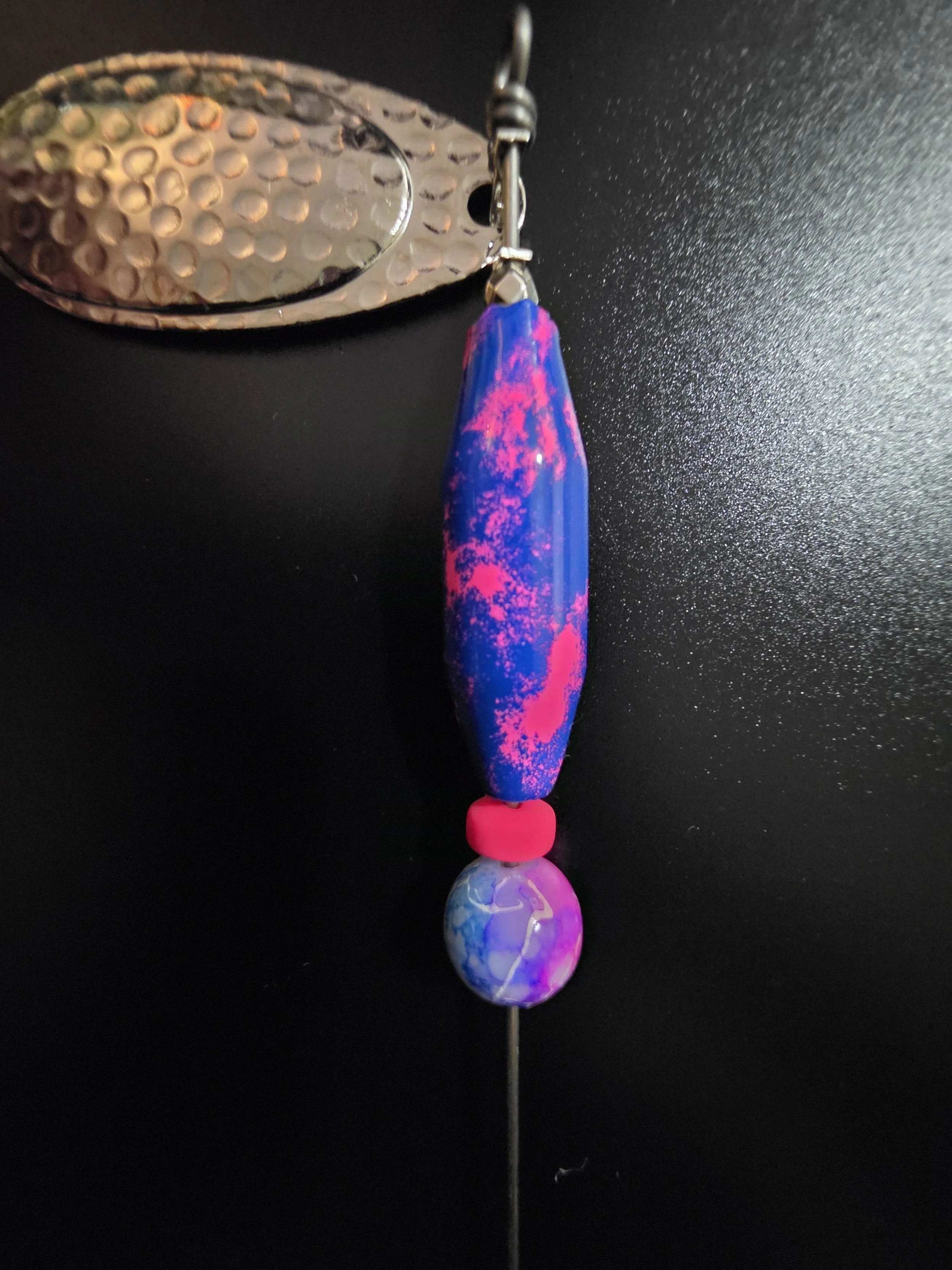 Best 1/2 oz salmon, steelhead, and trout lure: Neon hot pink and bright royal blue Gumdrop custom spinner with #5 French hammered blade and Gamakatsu hook.