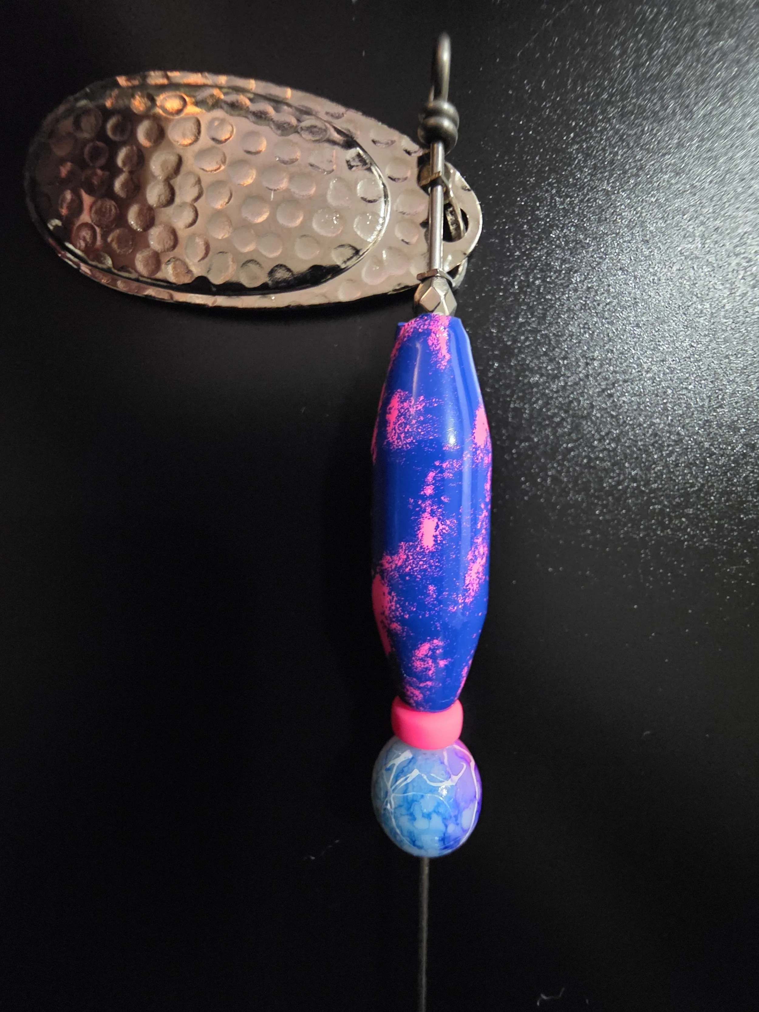 Best 1/2 oz salmon, steelhead, and trout lure: Neon hot pink and bright royal blue Gumdrop custom spinner with #5 French hammered blade and Gamakatsu hook.