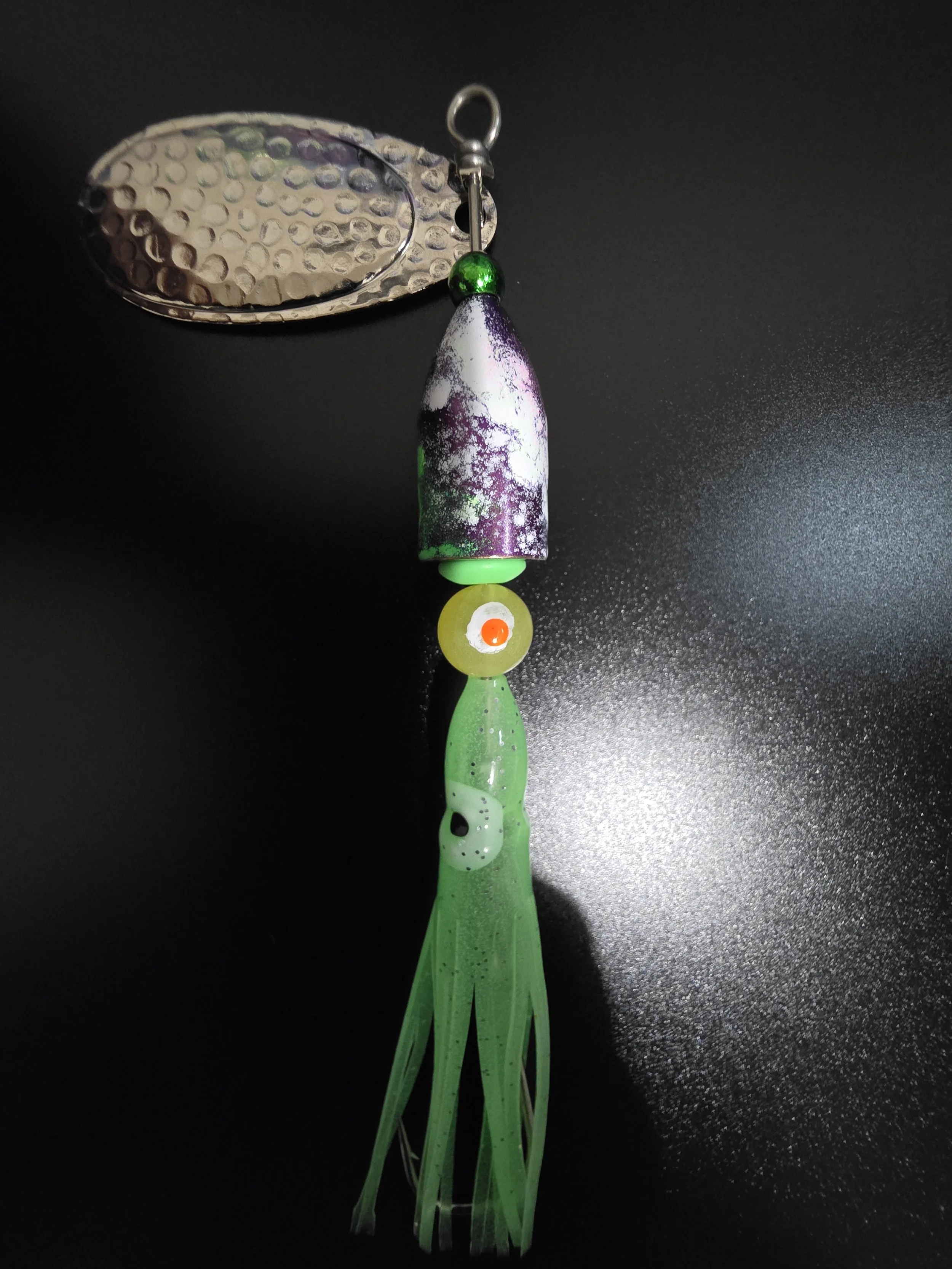 KAMAKAZI Electric Green 3/4 oz custom fishing spinner with chrome blades and double glow beads.