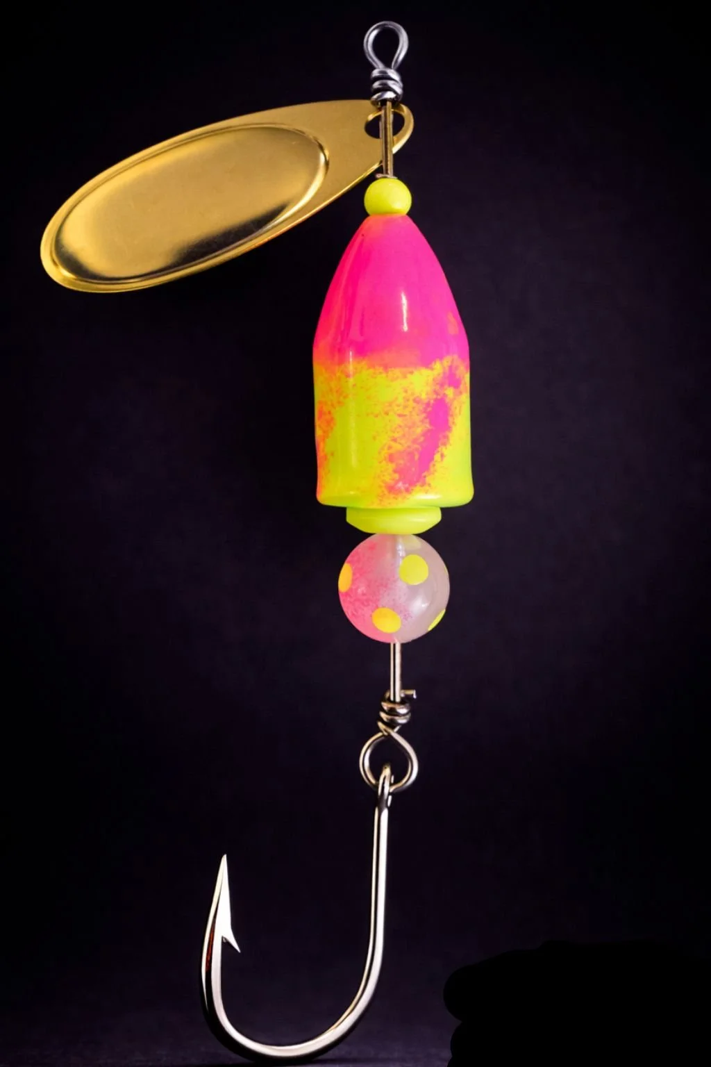 "Tequila Sunrise 3/4 oz custom fishing spinner with chrome blades and a hand-painted yellow chartreuse and glow red body."