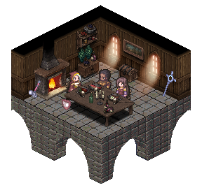 Three characters sitting at a dining table inside a wooden-walled room, with a fireplace, bookshelf, and window in the background.