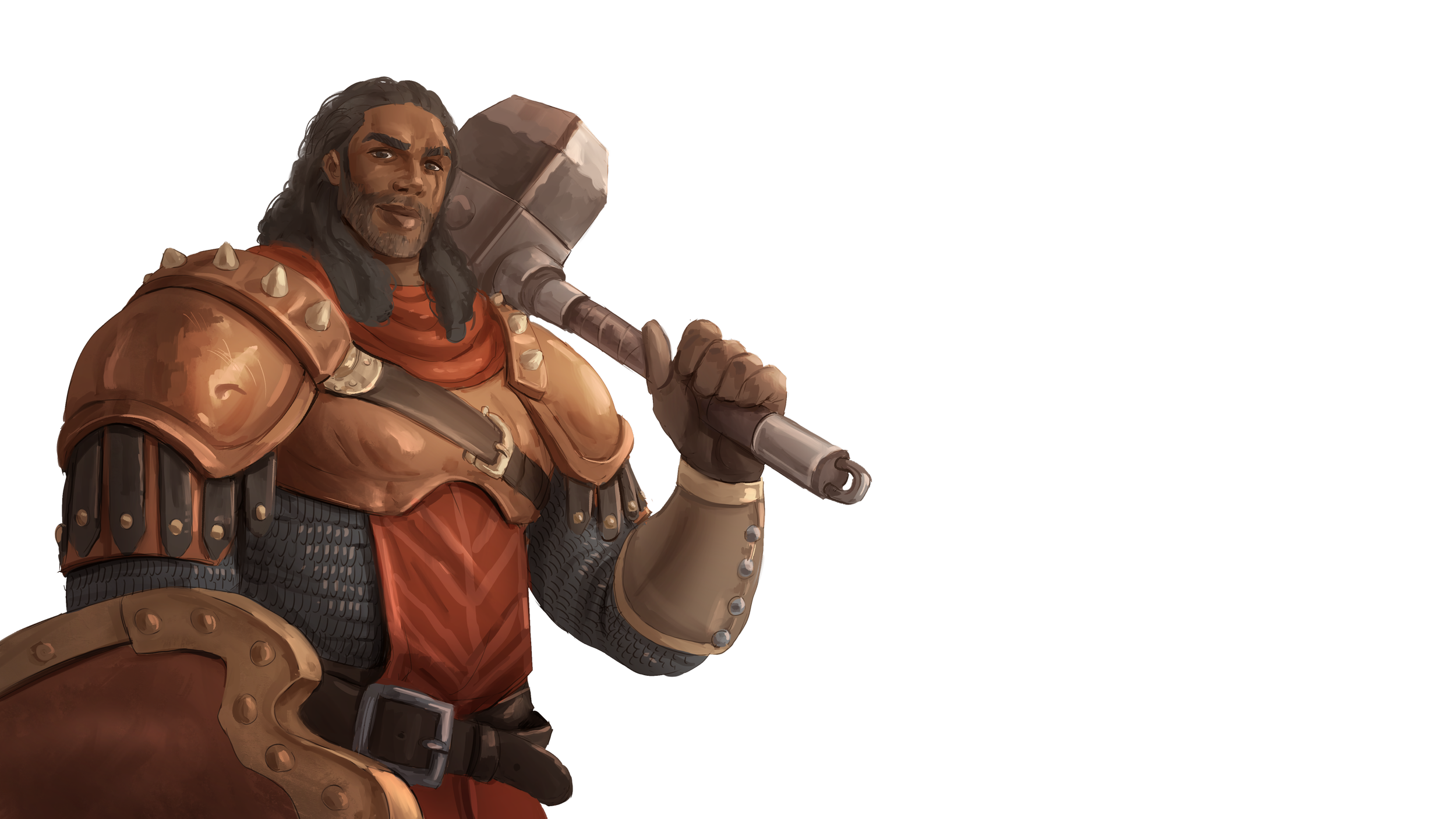 A fictional character dressed as a medieval warrior, holding a large hammer, wearing armor with spikes, and a red cape, set against a plain black background.