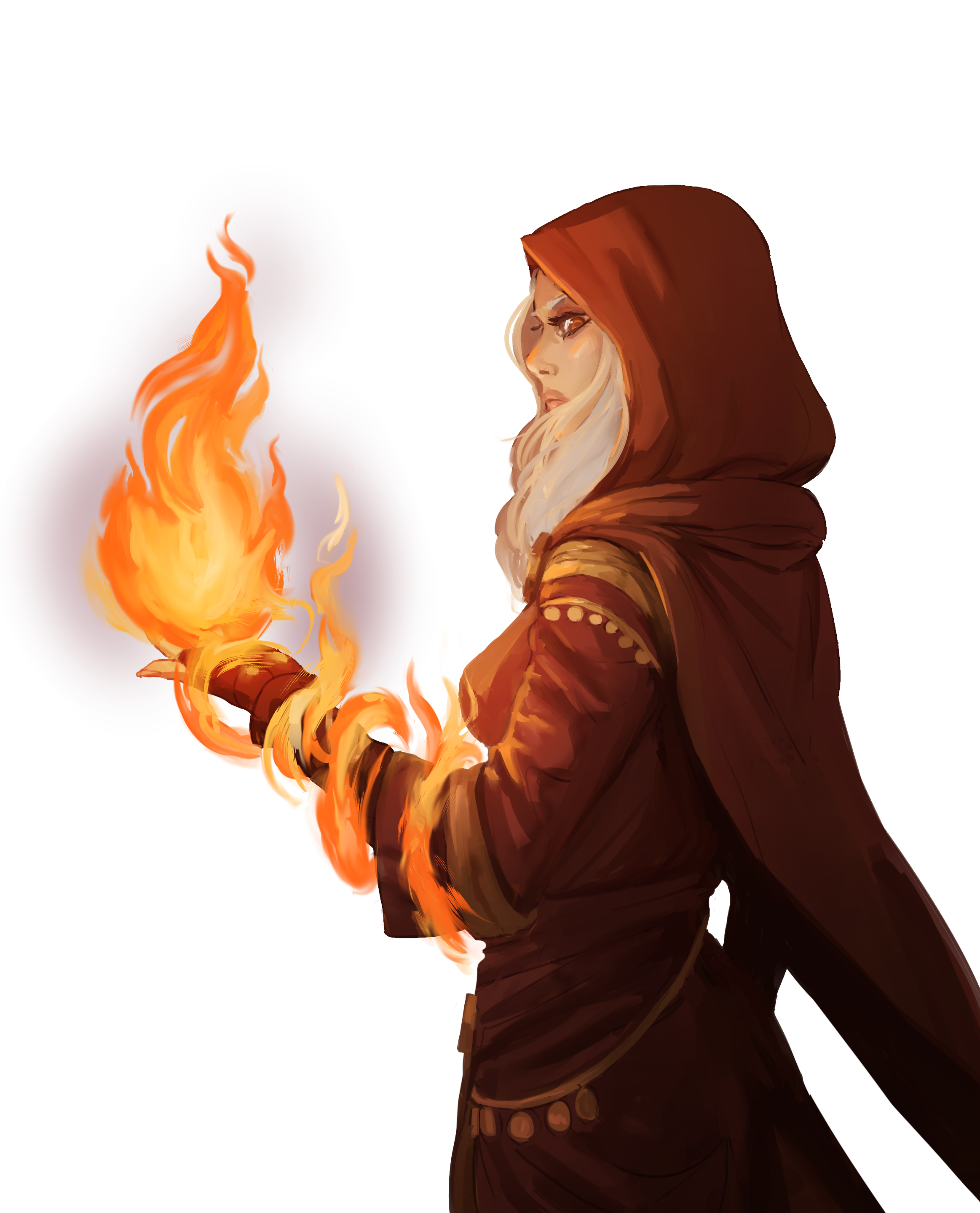 A female mage with a flowing blonde hair, wearing a red hooded cloak, holds a flame in her hand and gazes to her left with a serious expression.