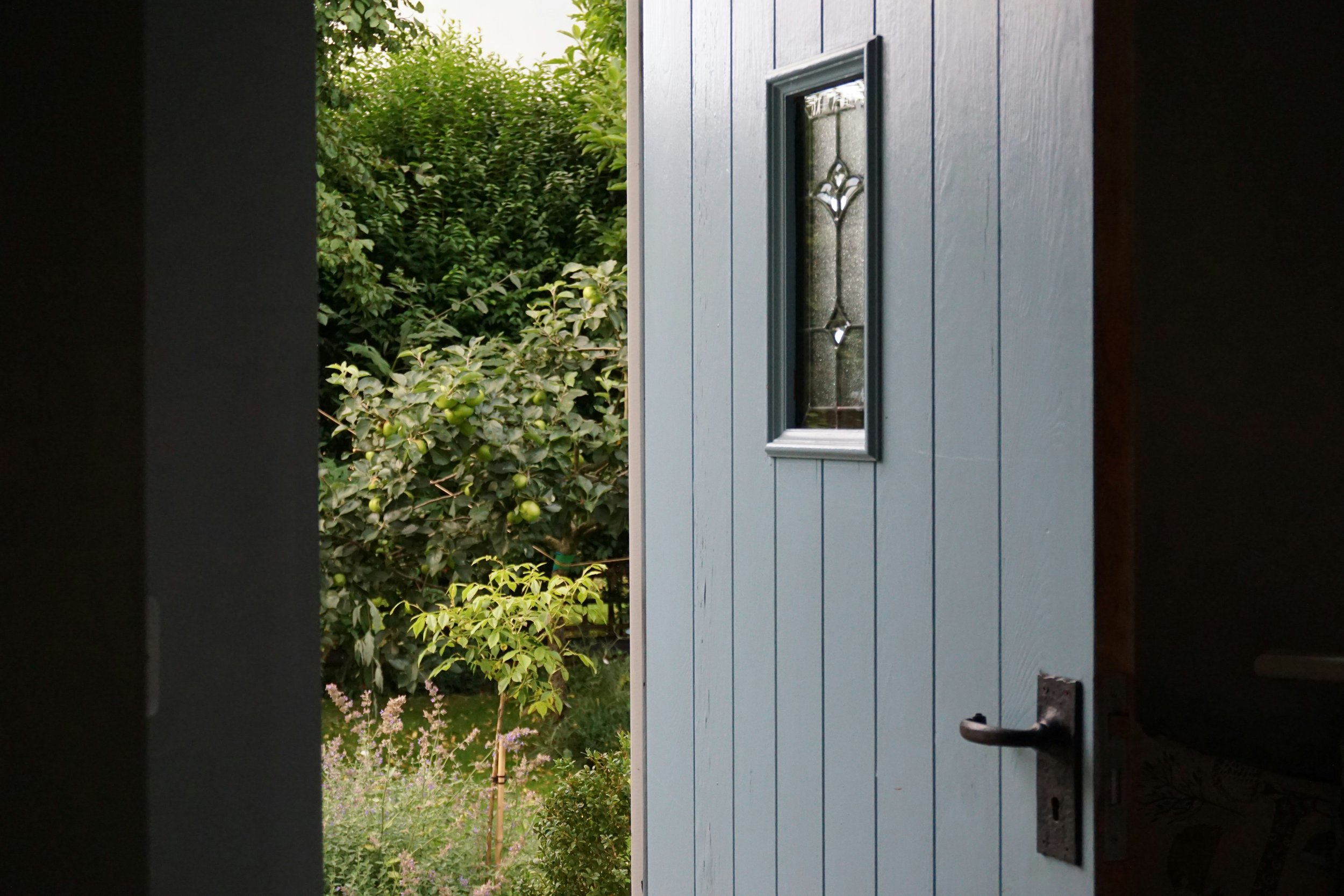Open blue cottage-style back door with decorative glazed panel overlooking a garden at a Birminghamhome