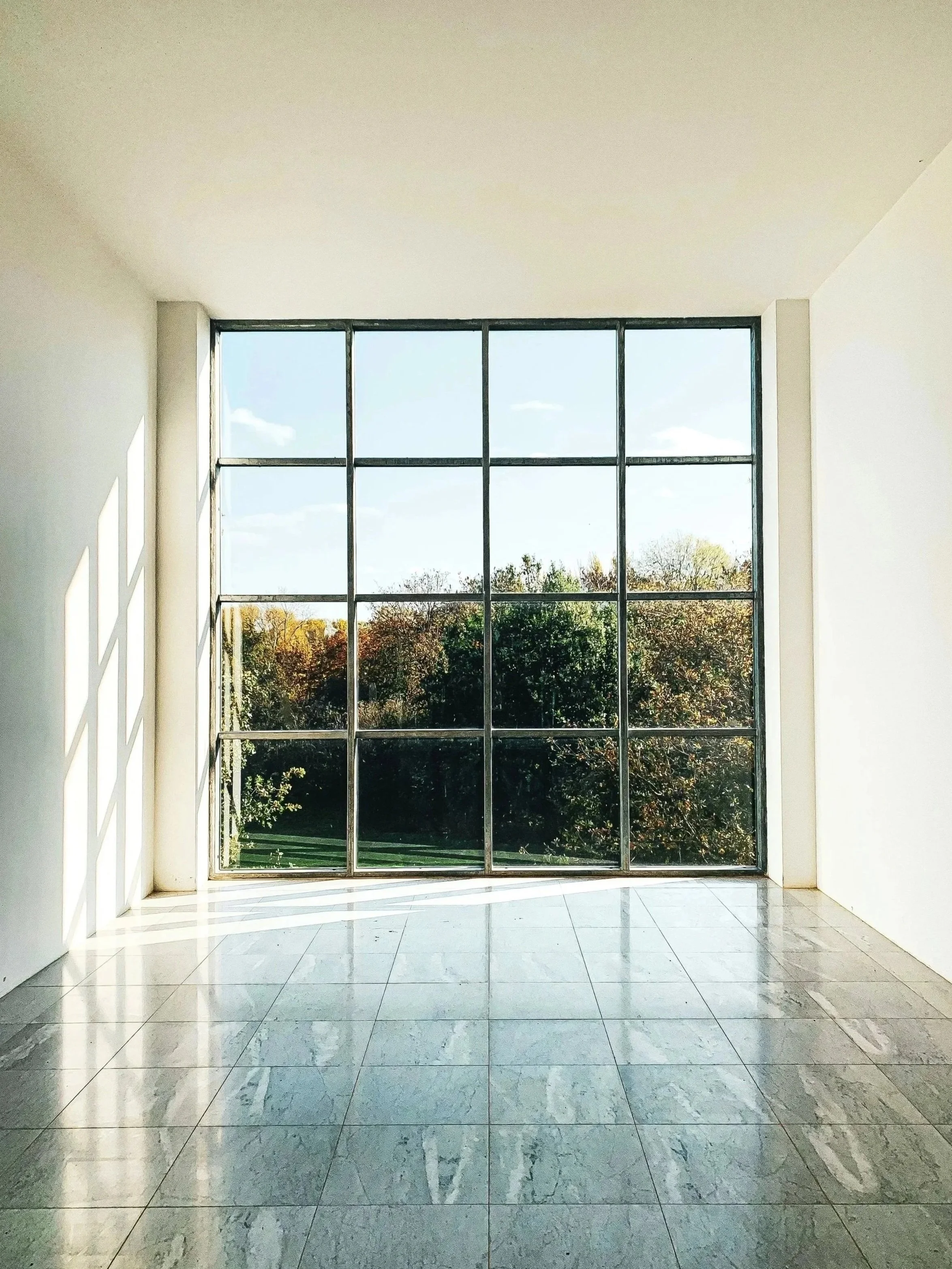 Large modern window installation with black frame overlooking garden views in a Birmingham home