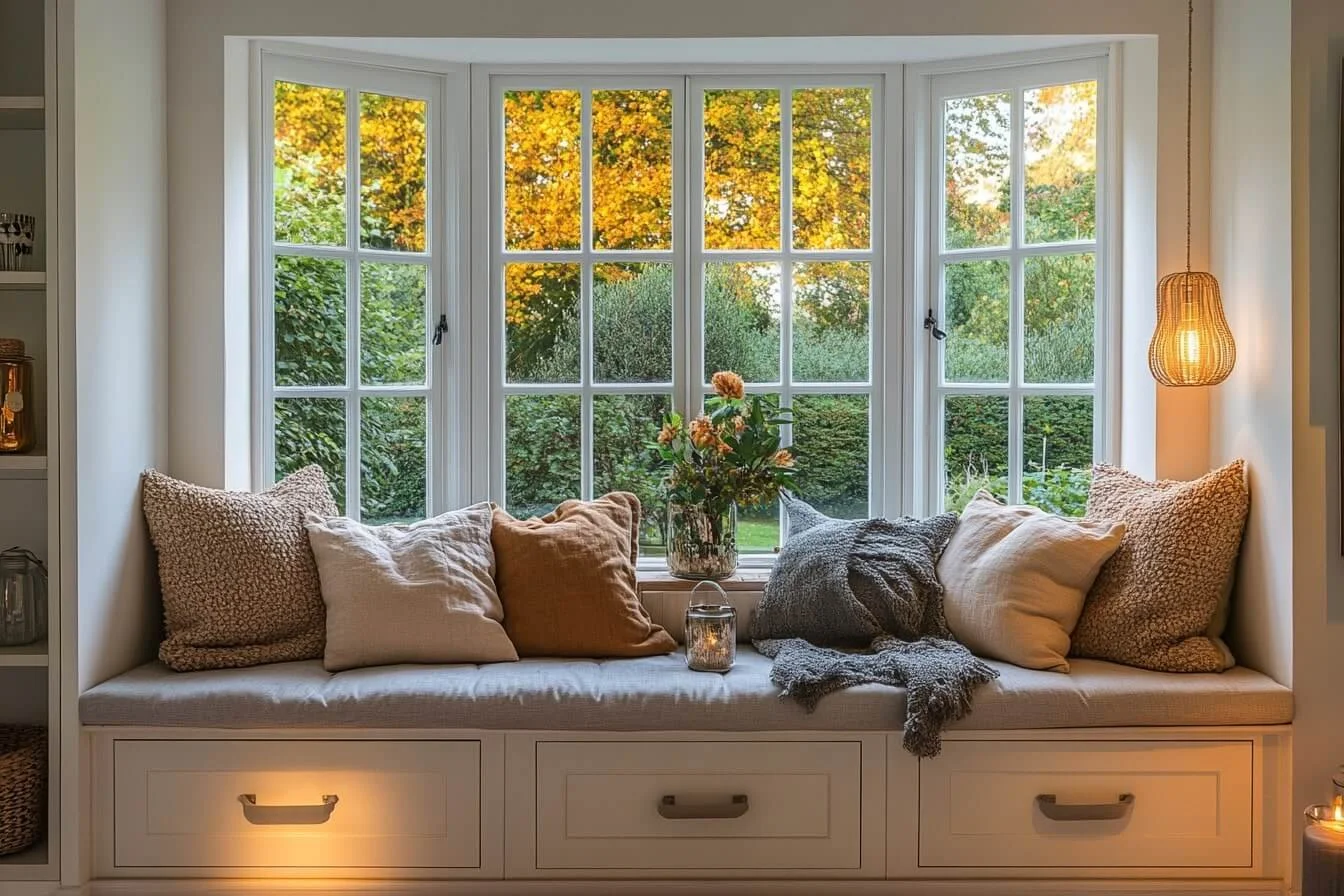 Cosy bay window seat with white faux-sash windows overlooking a garden