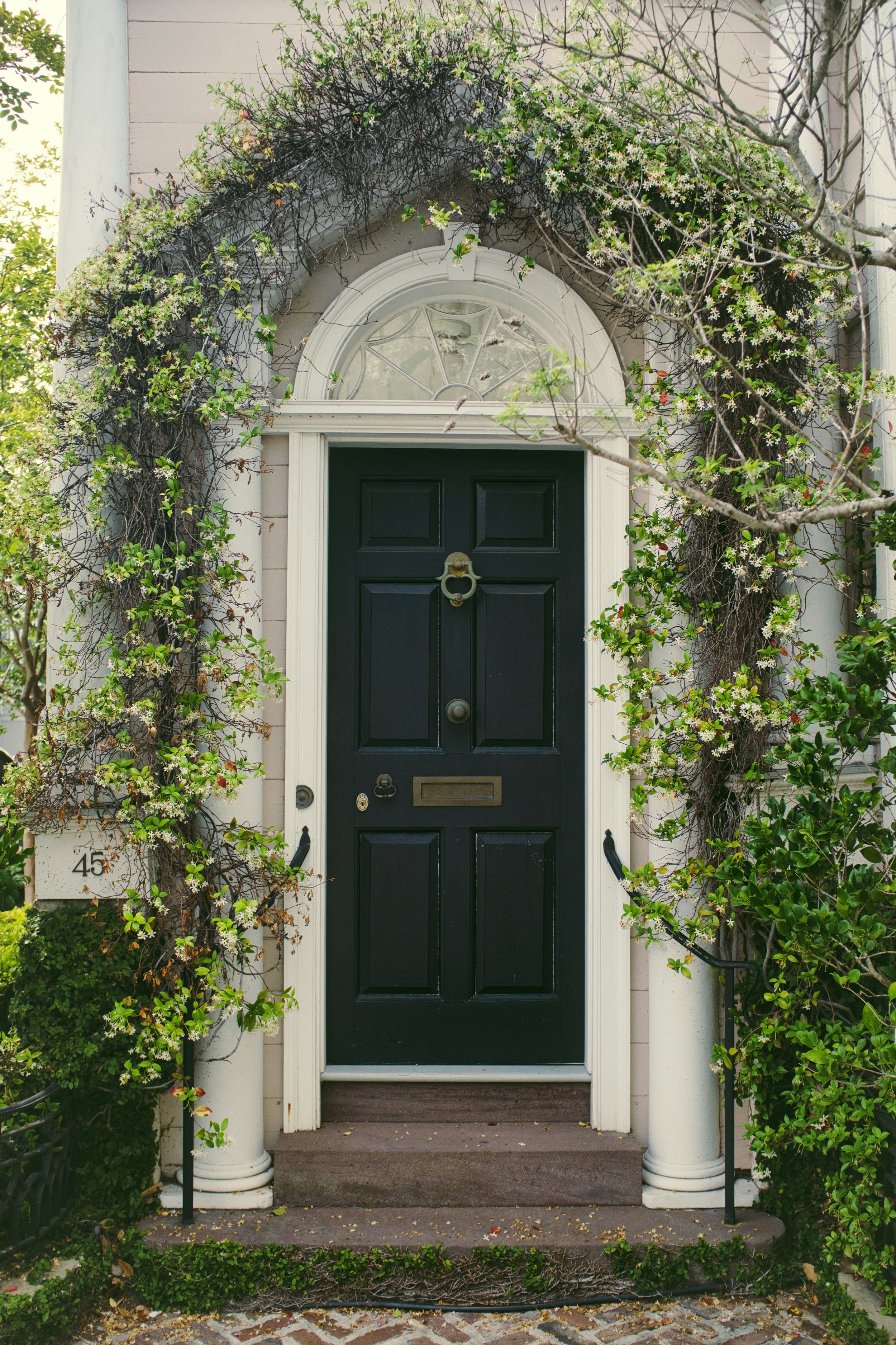 Traditional black front door with white surround, decorative fanlight window and climbing greenery around the entrance in a West Midlands home