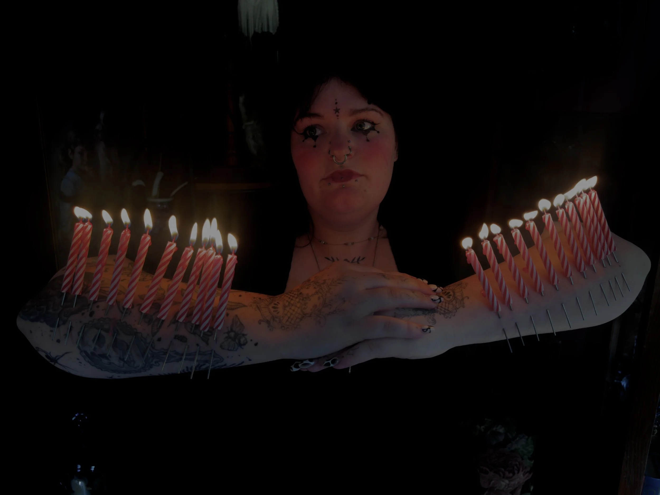 A set of play piercings on my arms. 11 needles with lit candles on the end
