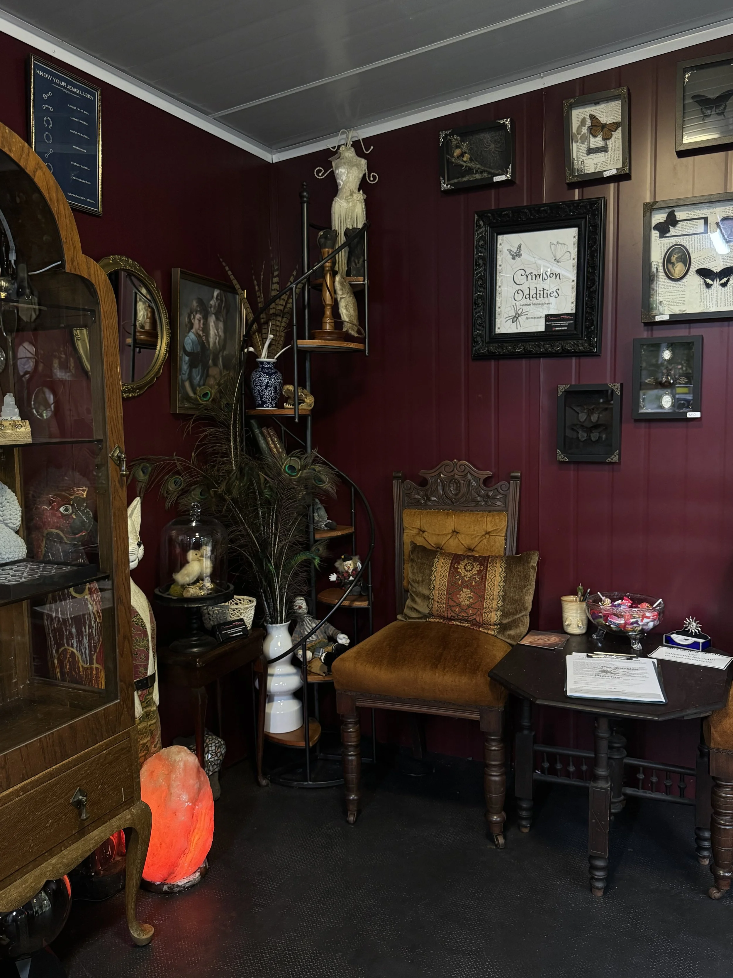 Vintage interior with burgundy walls, ornate wooden furniture, framed butterfly and nature artwork, a mannequin dressed in vintage clothing, a salt lamp, and various decorative items arranged on shelves and tables.