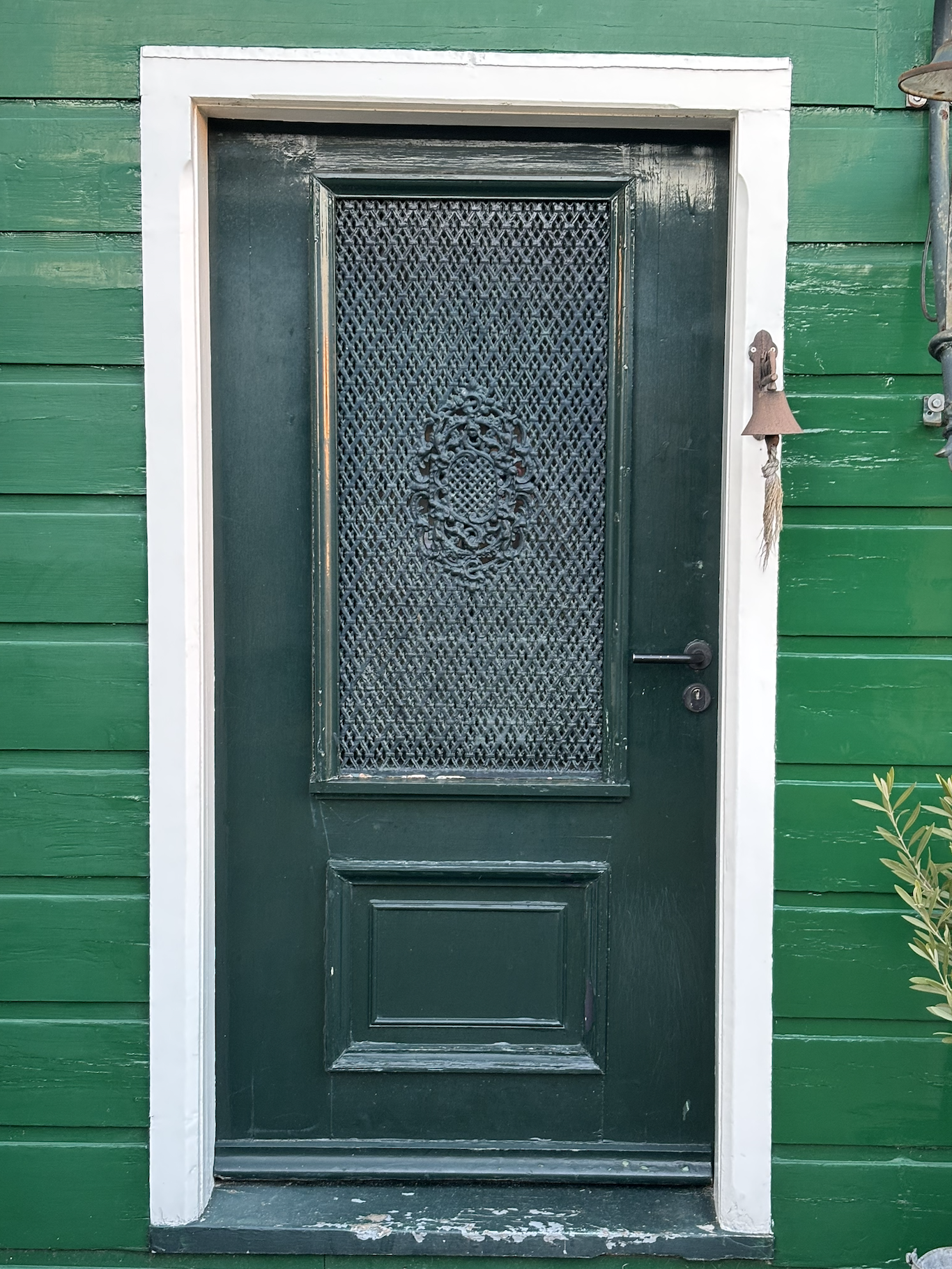 Donkere groene buitendeur met een glazen paneel, versierd met ijzeren smeedwerk, geplaatst in een groene houten muur met witte omlijsting.