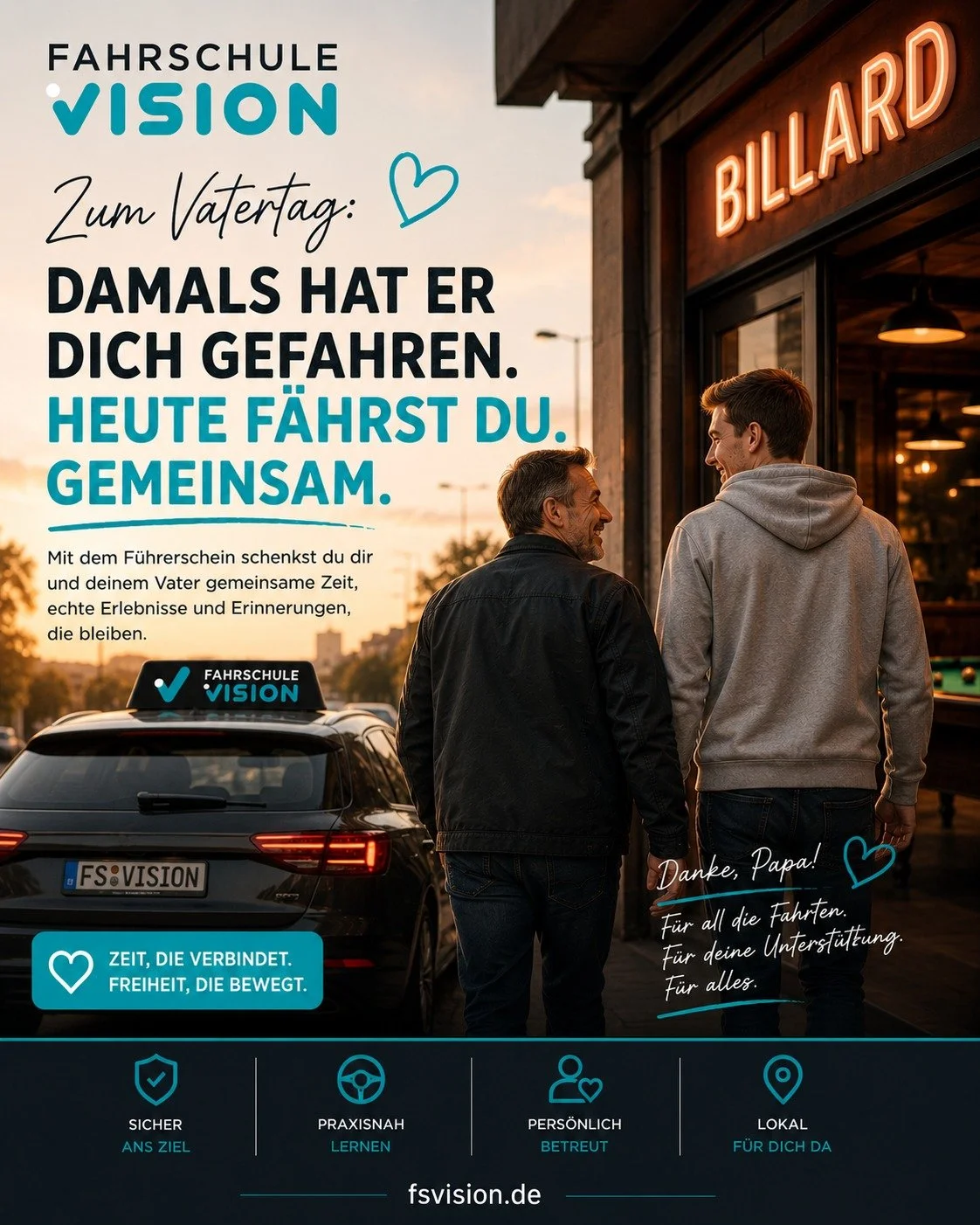 Fr&uuml;her hat dein Vater dich &uuml;berall hingefahren 🚙
Zum Training, zur Schule, zu Freunden oder einfach immer dann, wenn du ihn gebraucht hast 🙌

Und irgendwann kommt der Moment, in dem du sagst:
&bdquo;Komm, ich fahr heute.&ldquo; ❤️

Genau 