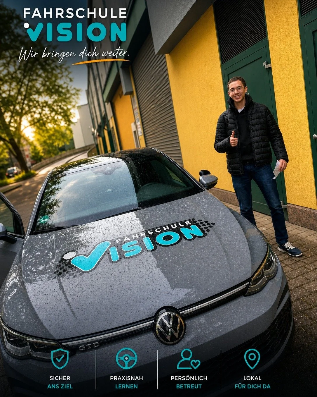 Da ist das Ding! 🎉🚙
F&uuml;hrerschein bestanden und jetzt kann das n&auml;chste Kapitel beginnen 🙌
Die ganze M&uuml;he, die Fahrstunden und die Aufregung vor der Pr&uuml;fung haben sich gelohnt.
Wir freuen uns riesig mit dir und w&uuml;nschen dir 