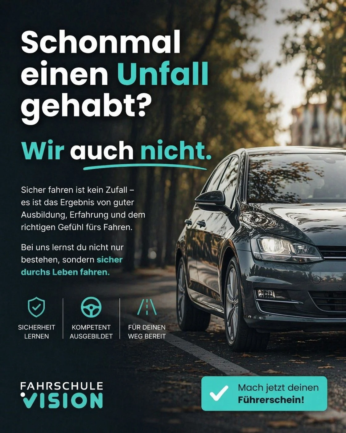 Sicher fahren beginnt nicht erst nach der Pr&uuml;fung 🚙
Es beginnt mit der richtigen Ausbildung, guten Gewohnheiten und dem Gef&uuml;hl, jederzeit die Kontrolle zu behalten 🙌

Bei Fahrschule Vision geht es nicht NUR darum, den F&uuml;hrerschein zu