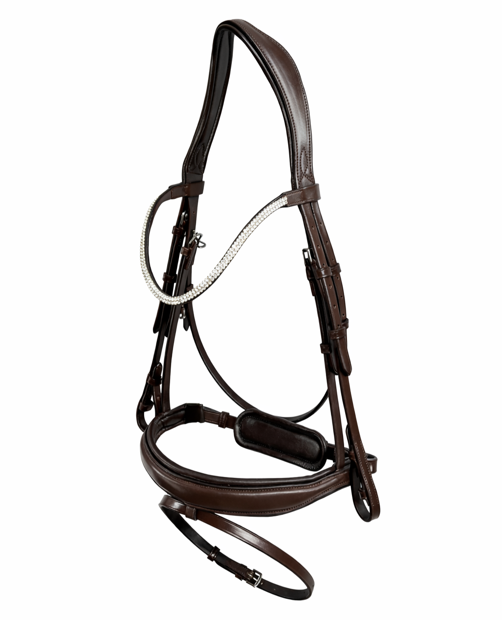 A brown leather horse bridle with a decorative crystal browband against a white background.