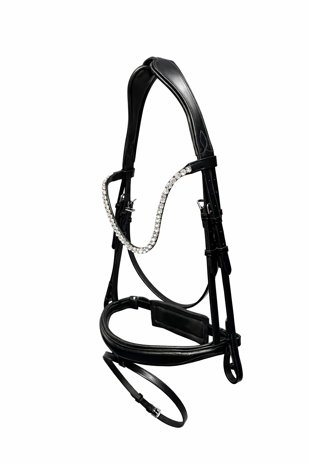 A black horse bridle with white crystals on the browband, set against a plain white background.